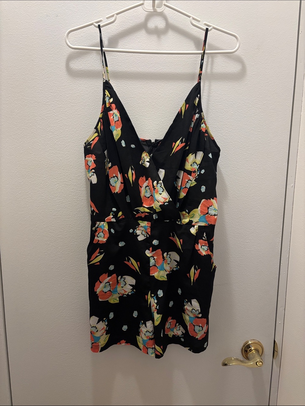 Yumi Kim Black Floral V-Neck Spaghetti Strap Romper with Pockets